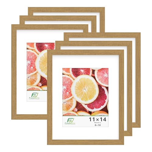 FrameWorks 11x14 mat to 8x10 Classic Wooden Picture Frames With Tempered Glass  Golden Oak  6Pack