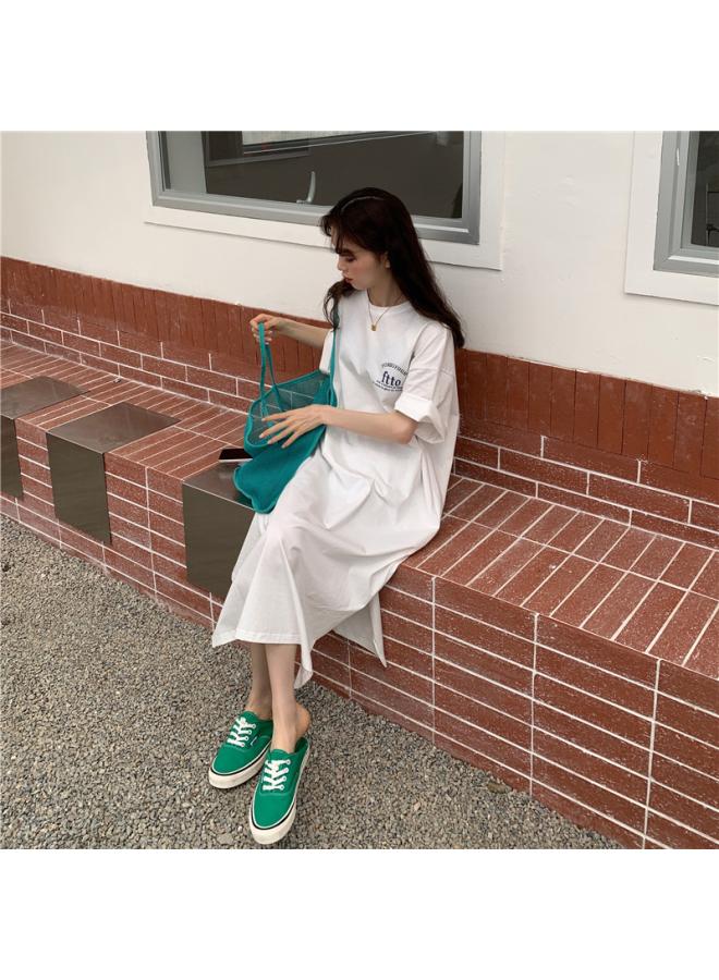 South Korea Plus Size T-shirt Women's Summer Loose Over-the-knee Long Skirt Split Dress Women's Long Top Base Shirt