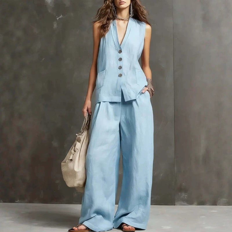 Women''s Summer Two-Piece Set Sleeveless Vest Wide-Leg Pants Cotton and Linen Women''s Clothing New and Style - Image 3