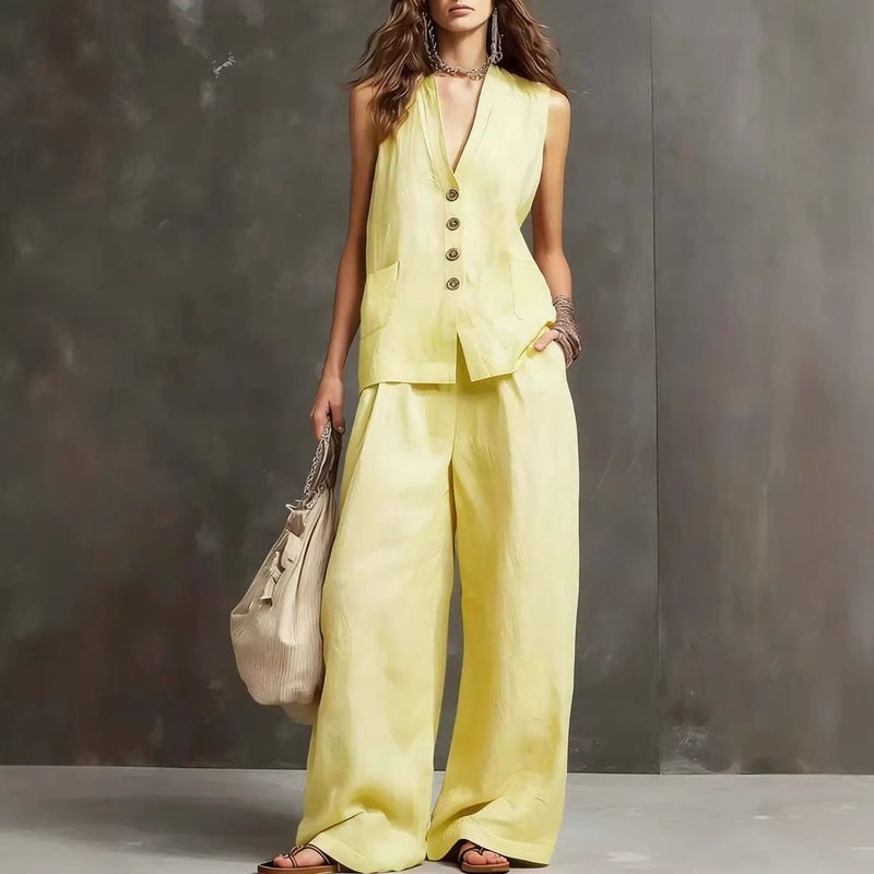 Women''s Summer Two-Piece Set Sleeveless Vest Wide-Leg Pants Cotton and Linen Women''s Clothing New and Style - Image 1