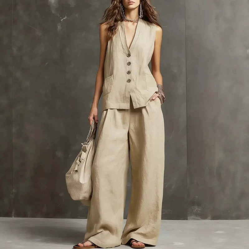 Women''s Summer Two-Piece Set Sleeveless Vest Wide-Leg Pants Cotton and Linen Women''s Clothing New and Style - Image 4