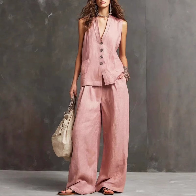 Women''s Summer Two-Piece Set Sleeveless Vest Wide-Leg Pants Cotton and Linen Women''s Clothing New and Style - Image 2