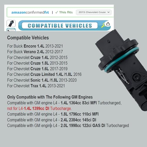 MANATEE 12671624 Mass Air Flow Sensor Meter MAF Sensor Compatible with Buick Encore Verano, for Chevy Caprice Trax Sonic Cruze 2012-2021, Replace 245-1314 MAS0321 13505433 (12671624) - Image 2