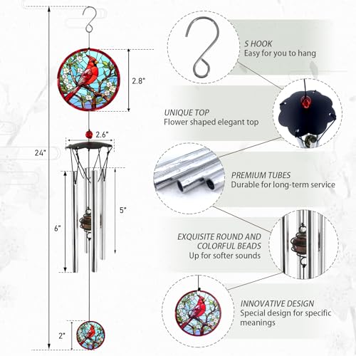 Howarmer Wind Chimes for Outside 24" Cardinal Wind Chimes Outdoor Home Patio Garden Decor Windchimes Outdoors Cardinal Gifts for Women Mom Grandma Sisters - Image 3