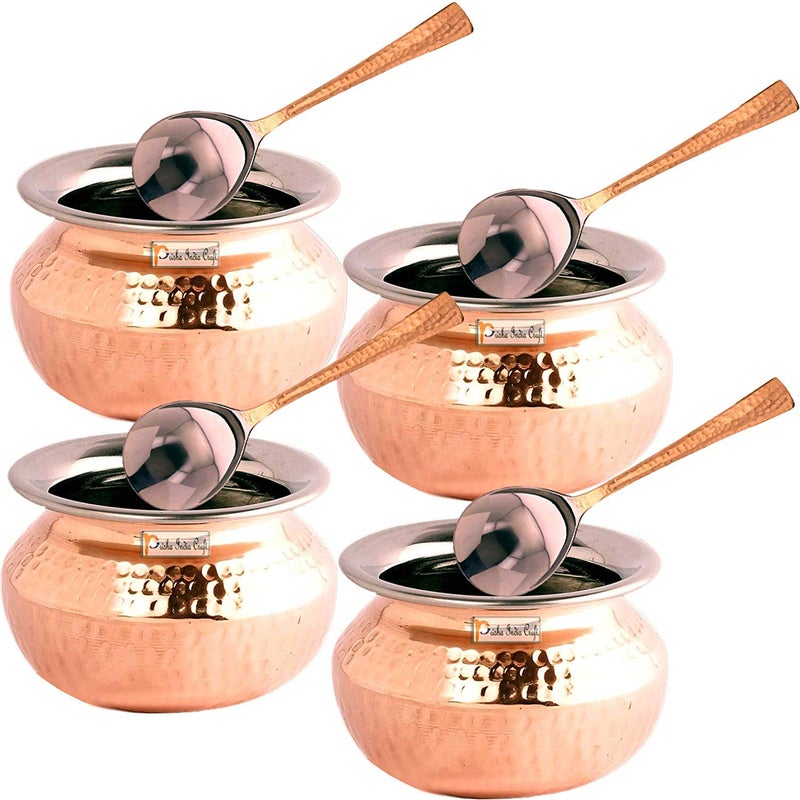 Prisha India Craft Prisha India Craft Steel Copper Punjabi Serving biryani Handi Spoon Set Serveware 850 ML Set of 4  - Image 1