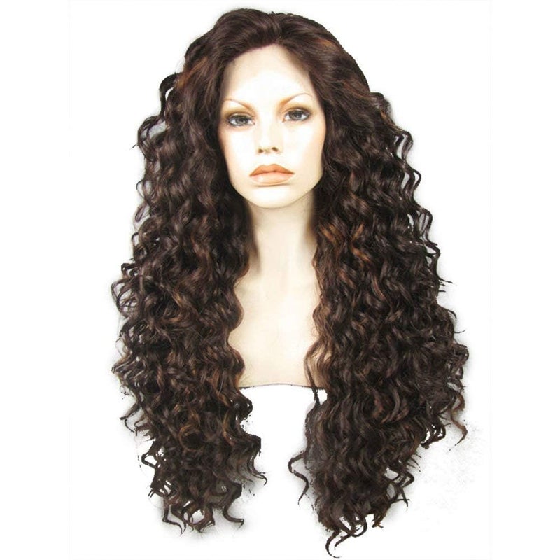 Ebingoo 26 Inch Dark Brown Lace Front Wig Wig Cap Long Curly Wig For Women Girls Synthetic Hair Wig Heavy Density Soft Heat Resistant Fiber Wig for Daily Wear