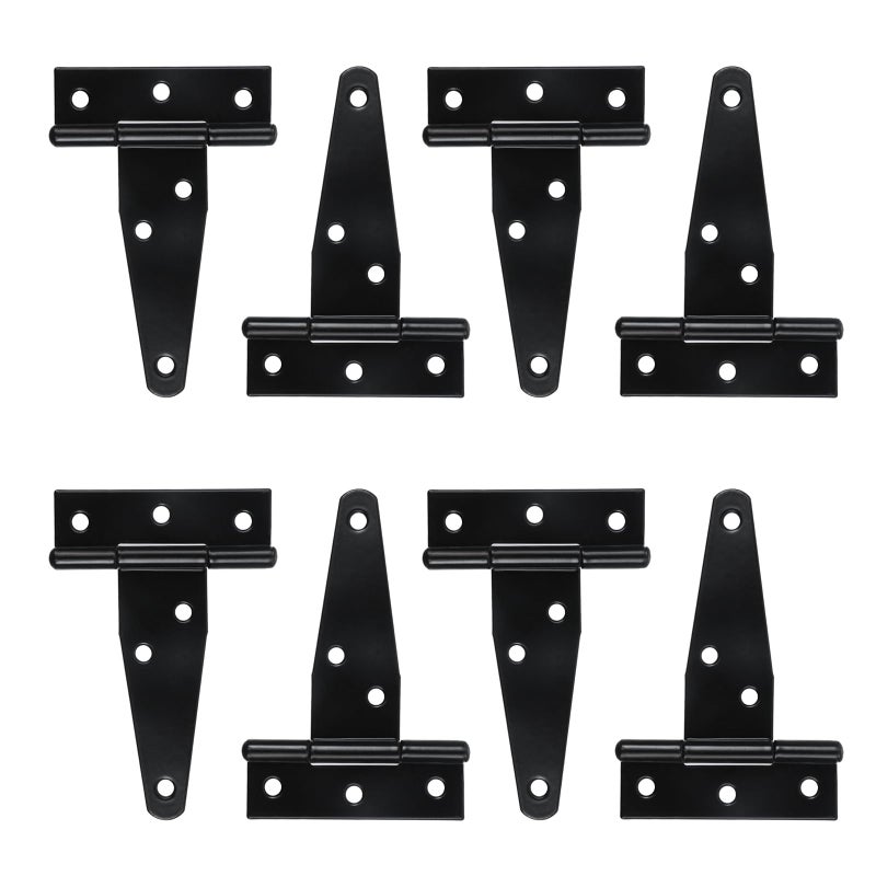 Geesatis 8 PCS Black T Hinge Length 3 Door Gate Cabinet Shed Hinge T Strap Shed Door Hinges Heavy Duty Strong Endurance Iron with Mounting Screws