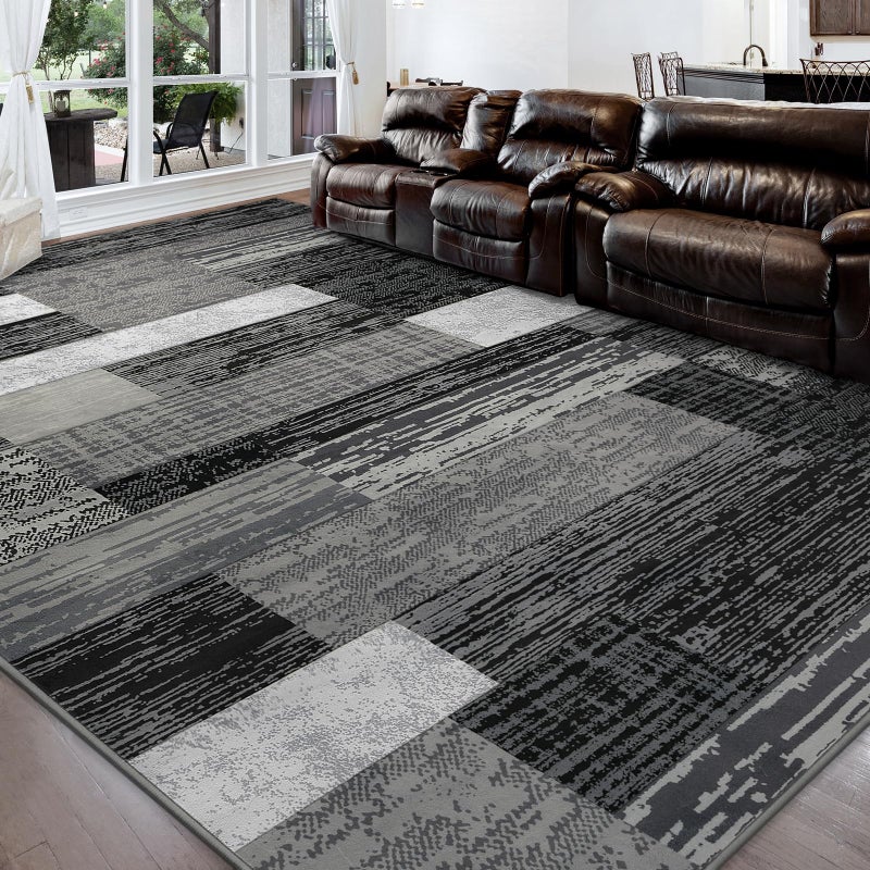 FlyDOIT Modern Geometric Patchwork Area Rug, 5x8 Grey Large Rugs for Living Room, Rockwood Collection Indoor Rugs for Bedroom, Throw Carpet Floor Decor for Entryway Dining Room Office Nursery - Image 1