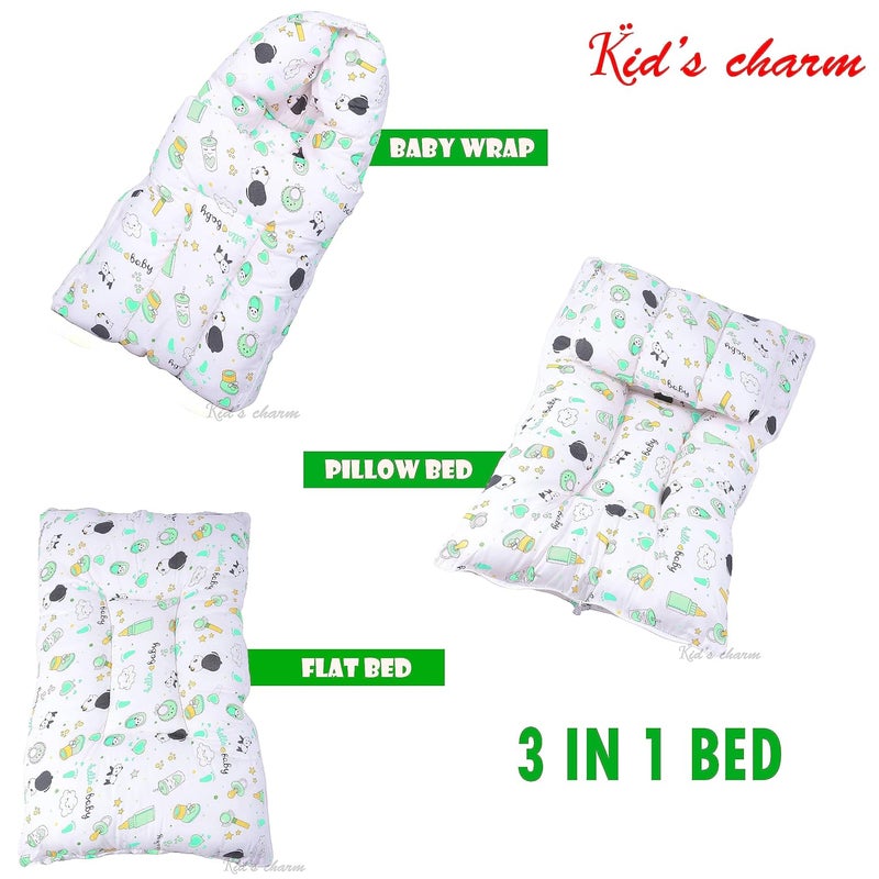Kid's Charm Kids Charm Panda 2 PCS Combo Set 3 in 1 Babys Cotton Cum Carry Bed2 in 1 Babys Cotton Bed with Mosquito Net for 04 Months Green - Image 2
