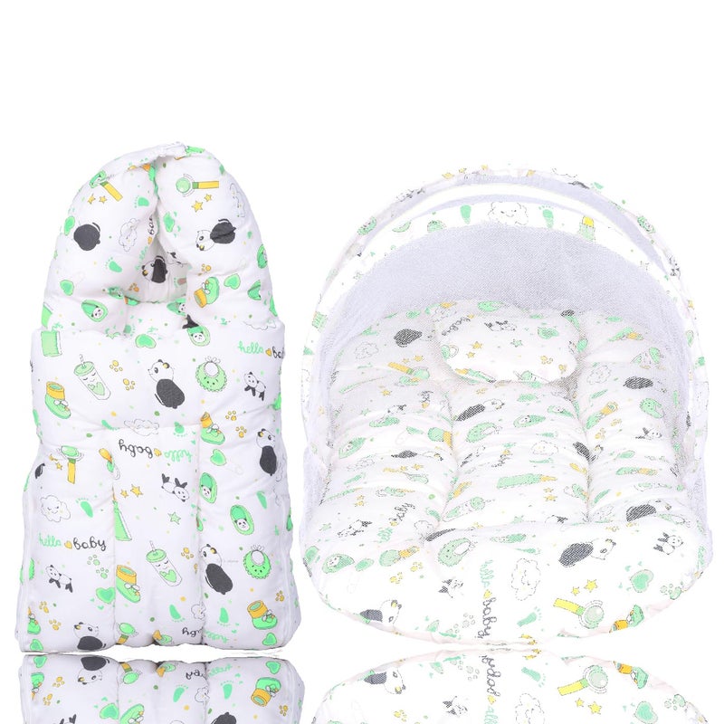 Kid's Charm Kids Charm Panda 2 PCS Combo Set 3 in 1 Babys Cotton Cum Carry Bed2 in 1 Babys Cotton Bed with Mosquito Net for 04 Months Green - Image 1