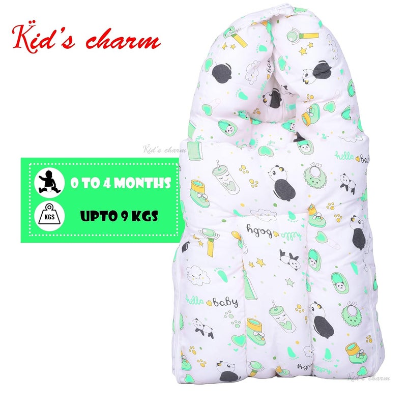 Kid's Charm Kids Charm Panda 2 PCS Combo Set 3 in 1 Babys Cotton Cum Carry Bed2 in 1 Babys Cotton Bed with Mosquito Net for 04 Months Green - Image 4