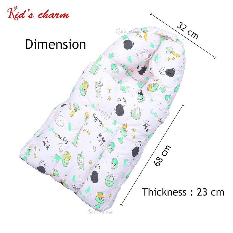 Kid's Charm Kids Charm Panda 2 PCS Combo Set 3 in 1 Babys Cotton Cum Carry Bed2 in 1 Babys Cotton Bed with Mosquito Net for 04 Months Green - Image 3