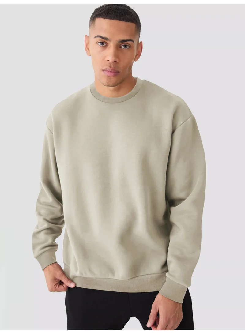 مانياك سويت شيرت رجالي قطن فليس مانياك بياقة دائرية وأكمام طويلة لون بيسك