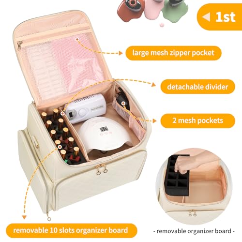 CUBETASTIC Extra Large Nail Polish Organizer Case Holds 86 to 100+ Bottles Nail Polish & Nail Lamp, Nail Supplies Storage Carrying Bag with 2 Removable Pouches - Image 3
