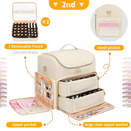 CUBETASTIC Extra Large Nail Polish Organizer Case Holds 86 to 100+ Bottles Nail Polish & Nail Lamp, Nail Supplies Storage Carrying Bag with 2 Removable Pouches - Image 4