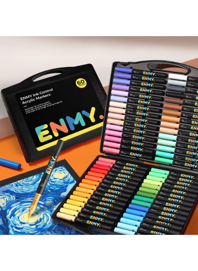 العدو ماركرز أكريليك سائل مباشر من ENMY - 60 لوناً زاهياً | أقلام رسم احترافية للقماش، الخشب، الزجاج، الصخور، السيراميك | تشمل درجات ألوان البشرة | حبر مائي غير سام | تدفق حبر طويل الأمد | مثالي للفنانين، الحرف اليدوية وديكور المنزل - Image 1