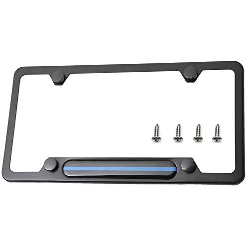 LFPartS Stainless Steel License Plate Frame Black 4 holes for Cars, Trucks Show Support of Police and Law Enforcement Officers (Thin Blue Line) - Image 1