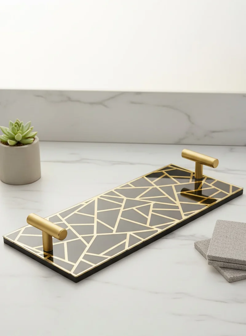 LOWHA Acrylic Serving Tray with Gold Metal Handles and Decorative Design