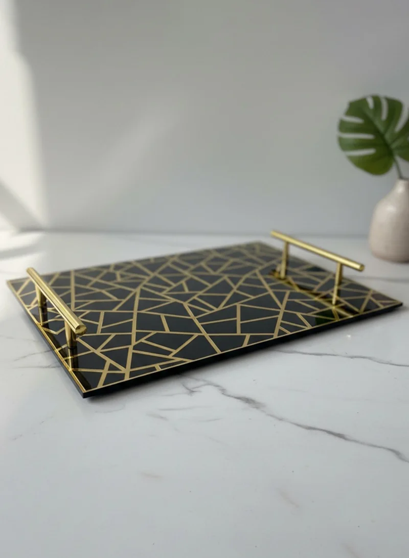 LOWHA Acrylic Serving Tray with Gold Metal Handles and Decorative Design