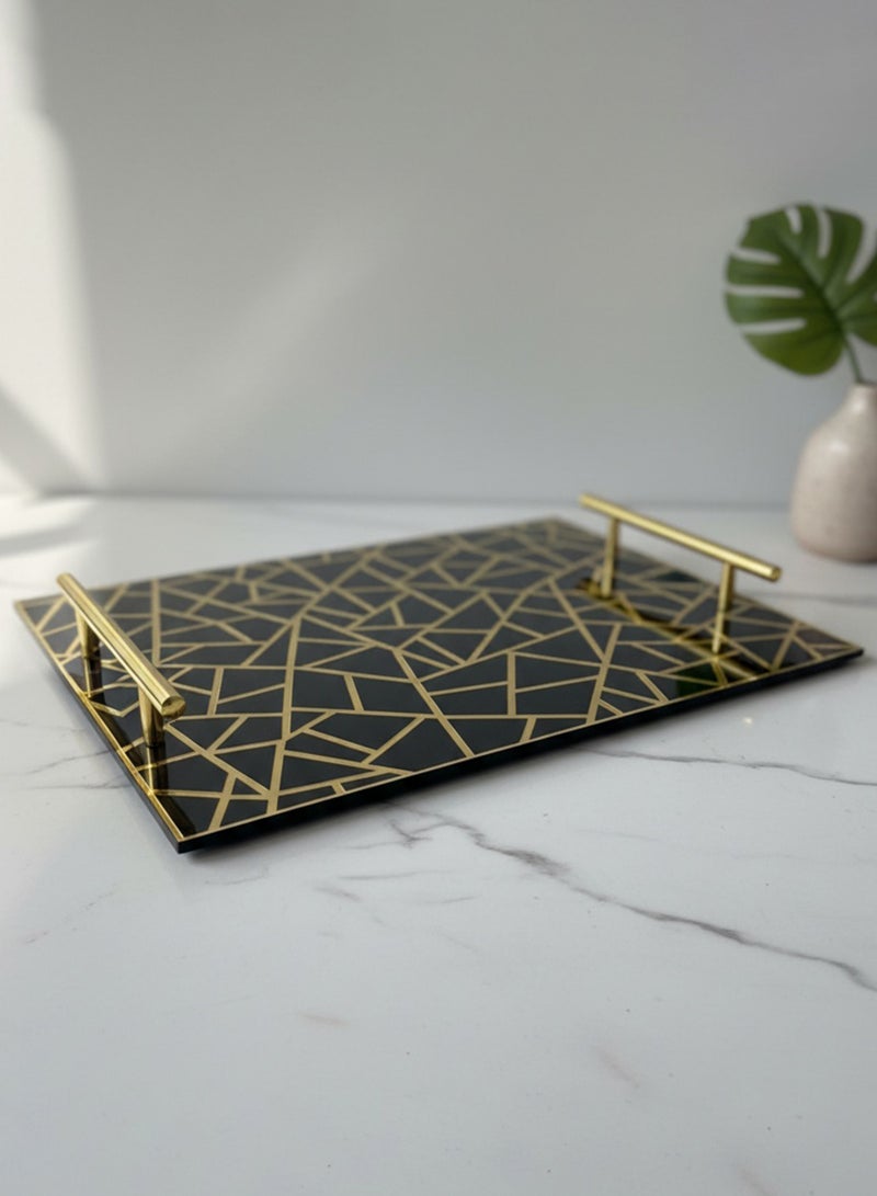 لوحة صينية تقديم من الأكريليك بتصميم مزخرف ومقابض معدنية ذهبية اللون - Image 1