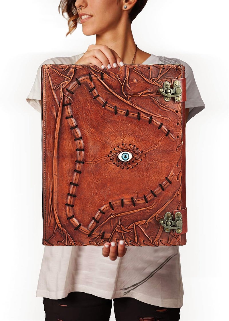 TUZECH Cutomizable Hocus Pocus Book of Spells Leather Journal Third Eye Deckle Edge Paper Grimoire Journal Vintage Book of Shadows Seven Chakra Antique Spell Book Lock Clasp Notebook Witch (10 x 13 - Image 1