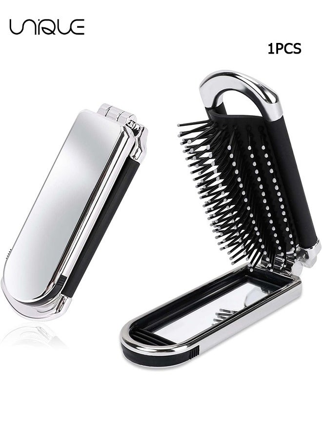 Unique - Folding Hair Brush With Mirror - Travel Hair Massage Comb - Compact Hair Brush - Pocket Hair Brush Hair Styling Tools Travel Brush for Women and Men（Silver） - Image 1