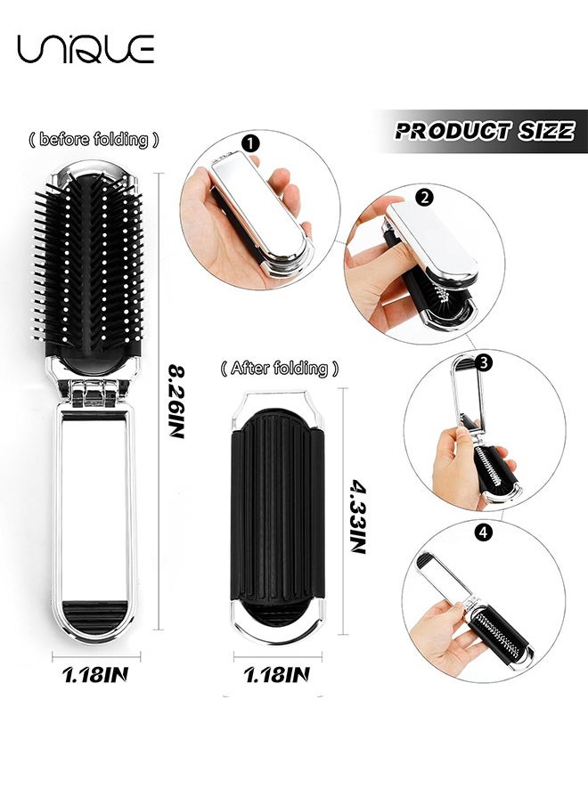Unique - Folding Hair Brush With Mirror - Travel Hair Massage Comb - Compact Hair Brush - Pocket Hair Brush Hair Styling Tools Travel Brush for Women and Men（Silver） - Image 1