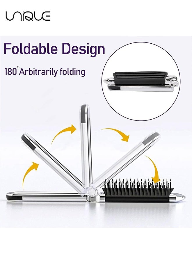 Unique - Folding Hair Brush With Mirror - Travel Hair Massage Comb - Compact Hair Brush - Pocket Hair Brush Hair Styling Tools Travel Brush for Women and Men（Silver） - Image 1