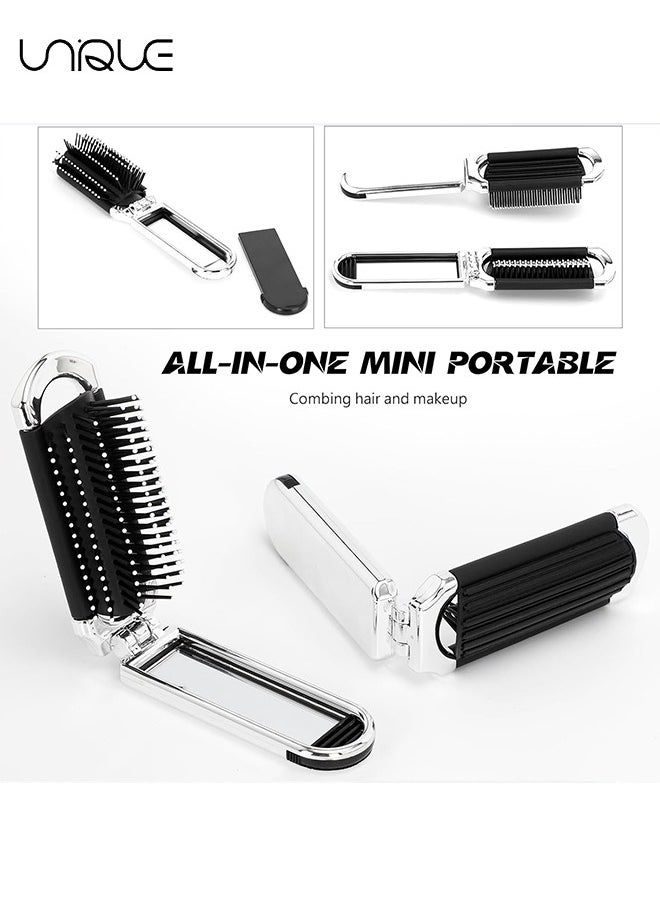 Unique - Folding Hair Brush With Mirror - Travel Hair Massage Comb - Compact Hair Brush - Pocket Hair Brush Hair Styling Tools Travel Brush for Women and Men（Silver） - Image 1