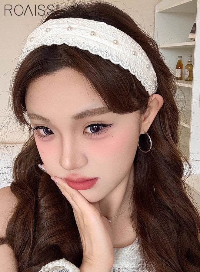 roaiss 2 Pcs Pearl Lace Headbands, Beige High Crown Floral Hairband Versatile Lightweight for Everyday Use, Travel, Vacations, Makeup,Skincare and Photoshoots Fashionable Hairpiece - Image 3
