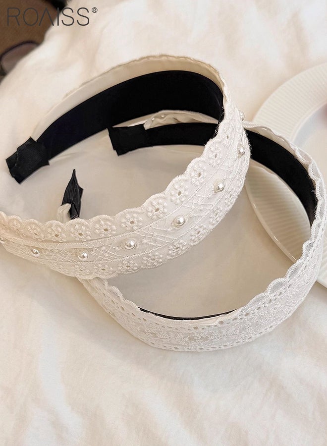 roaiss 2 Pcs Pearl Lace Headbands, Beige High Crown Floral Hairband Versatile Lightweight for Everyday Use, Travel, Vacations, Makeup,Skincare and Photoshoots Fashionable Hairpiece - Image 4