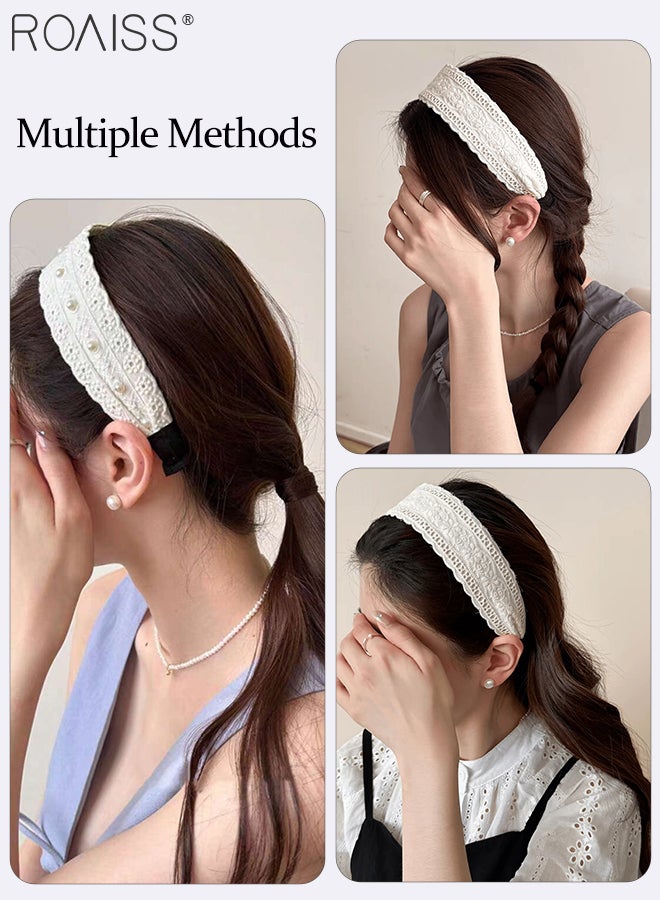 roaiss 2 Pcs Pearl Lace Headbands, Beige High Crown Floral Hairband Versatile Lightweight for Everyday Use, Travel, Vacations, Makeup,Skincare and Photoshoots Fashionable Hairpiece - Image 2