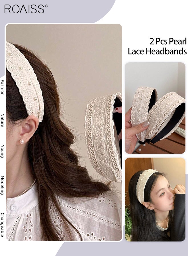 roaiss 2 Pcs Pearl Lace Headbands, Beige High Crown Floral Hairband Versatile Lightweight for Everyday Use, Travel, Vacations, Makeup,Skincare and Photoshoots Fashionable Hairpiece - Image 1