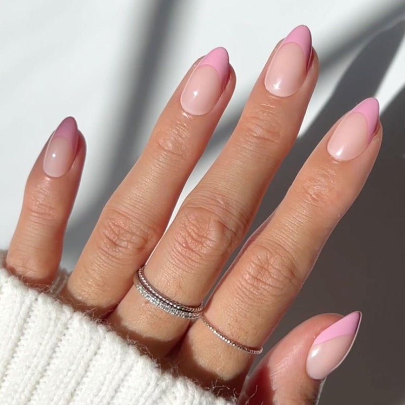 Glamnetic Press On Nails - Pink Macaron Spring Nails | Semi-Transparent Light Pink Pastel French Tip Short Almond Fake Nails in a Glossy Finish, Salon Quality | 15 Sizes - 30 Nail Kit - Image 3