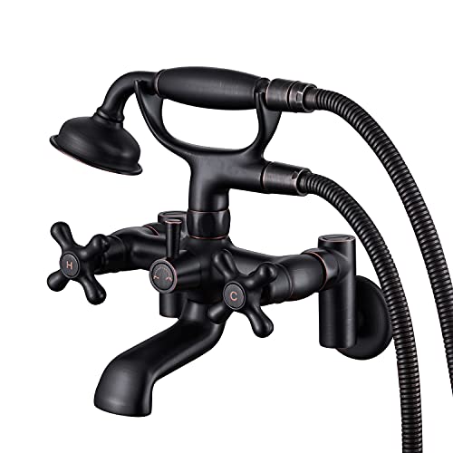 Hanallx Wall Mount Tub Faucet with Hand Shower, 3 to 9in Center, Vintage Oil Rubbed Bronze, 2 Hole Bathtub Faucet Set with Shower, Wall Mount Tub Filler, with Valve Diverter, with Telephone Sprayer - Image 1