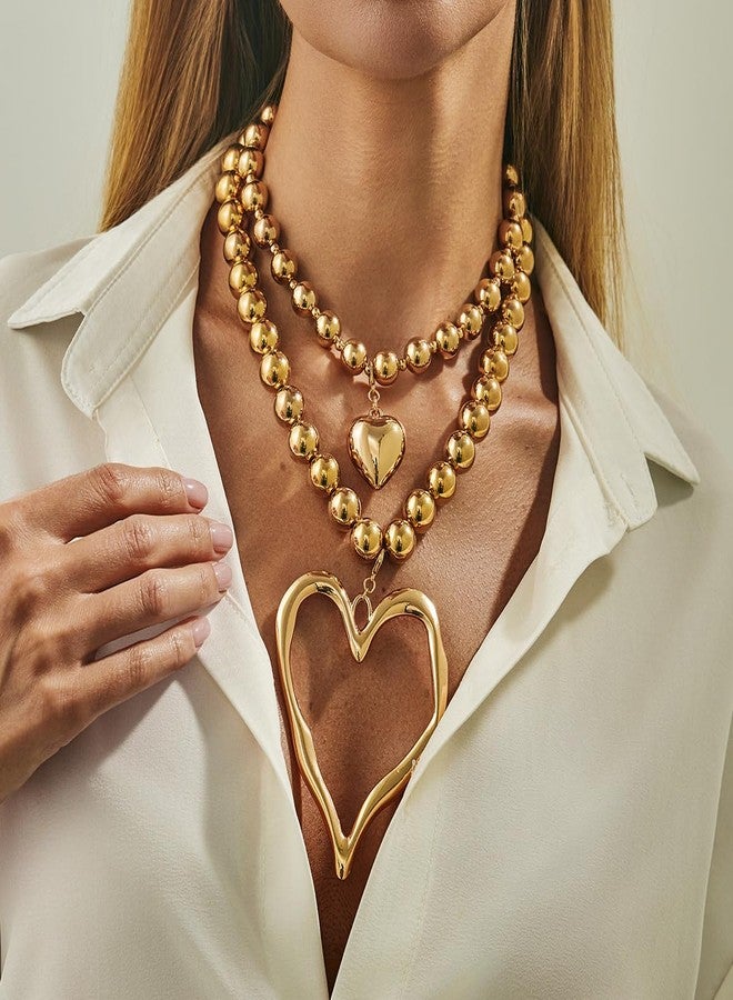 MIFYNN Chunky Gold Heart Necklace Y2k Large Heart Necklaces Exaggerated Layered Love Pendant Necklace Big Hearts Beaded Choker Necklaces Trendy Statement Jewelry for Women (Gold) - Image 4