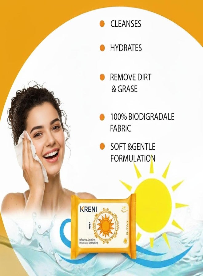 kreni مناديل إزالة المكياج KRENI Clean & Glow، عبوة من 3 قطع (25 منديل في كل عبوة) - مناديل تنظيف وترطيب الوجه لتنظيف فوري للوجه، وبشرة ناعمة ومنتعشة، ومناديل مبللة متوهجة لجميع أنواع البشرة (D-Tan، عبوة من 3 قطع) - Image 5