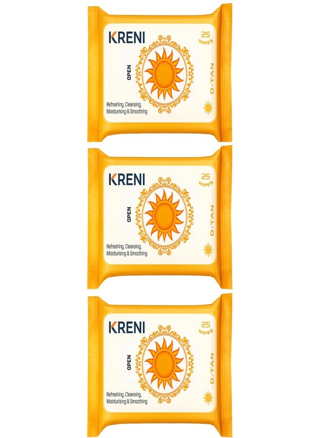 kreni مناديل إزالة المكياج KRENI Clean & Glow، عبوة من 3 قطع (25 منديل في كل عبوة) - مناديل تنظيف وترطيب الوجه لتنظيف فوري للوجه، وبشرة ناعمة ومنتعشة، ومناديل مبللة متوهجة لجميع أنواع البشرة (D-Tan، عبوة من 3 قطع) - Image 1