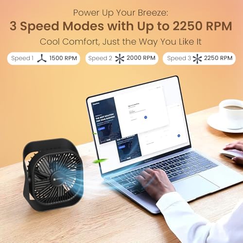 Portronics مروحة بورترونيكس كولكيوب ميني، 2 في 1 مروحة مكتبية وجدارية، بطارية 2000 مللي أمبير، شحن نوع-C، دوران 360° مع خطاف قابل للصق، 3 أوضاع سرعة، محرك BLDC، تشغيل هادئ، 3 ساعات من وقت التشغيل، مدمجة وقابلة للحمل، سوداء - Image 4