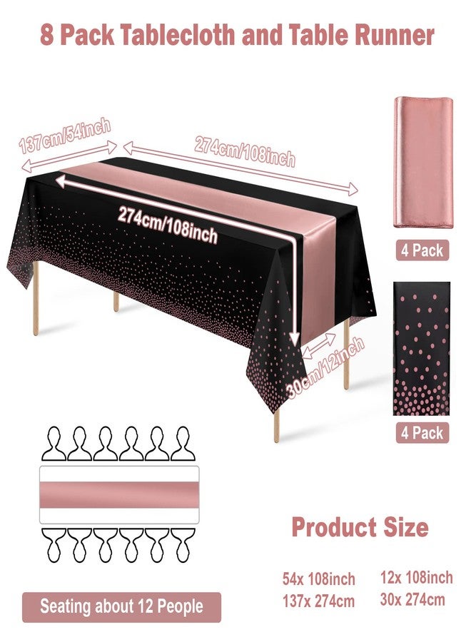 MASHAN 8Pack Disposable Plastic Tablecloths and Satin Table Runner Set Black and Rose Gold Dot Tablecloth Gold Satin Table Runner for Wedding Birthday Baby Shower Anniversary Christmas New Year Party Supply - Image 2