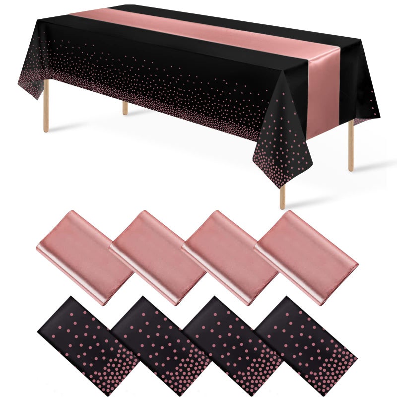 MASHAN 8Pack Disposable Plastic Tablecloths and Satin Table Runner Set Black and Rose Gold Dot Tablecloth Gold Satin Table Runner for Wedding Birthday Baby Shower Anniversary Christmas New Year Party Supply - Image 1