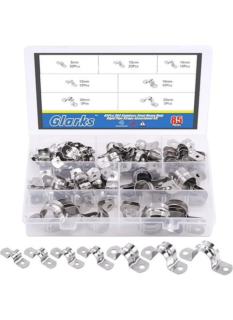 Glarks 85Pcs Pipe Strap Clamp Set M8 M10 M12 M14 M16 M20 M25 304 Stainless Steel Two Hole Strap Heavy Duty Rigid Pipe Strap U Bracket Tube Strap Assortment Kit For Pipe Tube Fixing