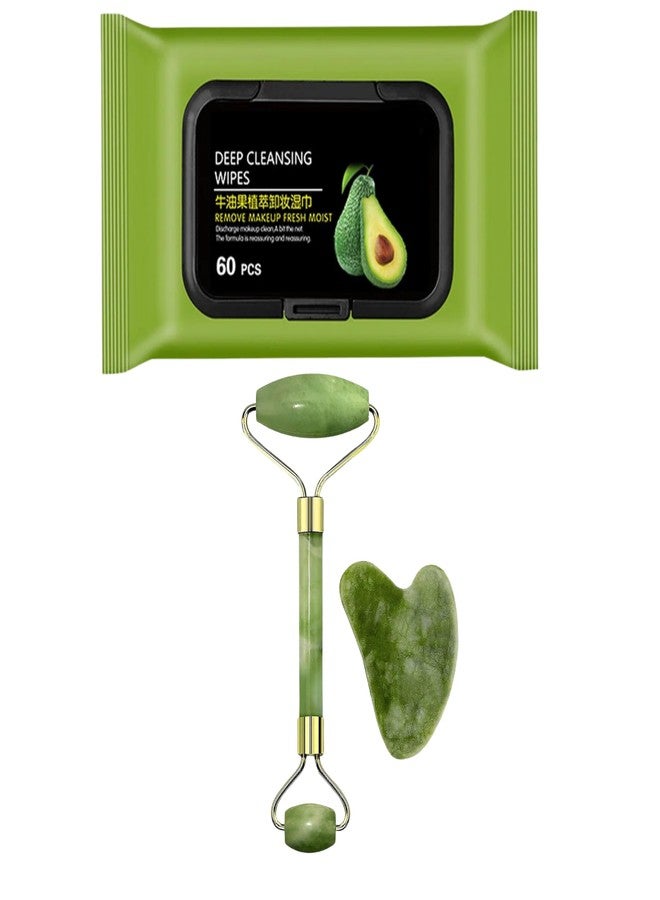 KD ZONE 3-in-1 Jade Roller & Gua Sha Set with Avocado Deep Cleansing Wipes - Facial Massage Tool for Glowing Skin, Anti-Aging & Lymphatic Drainage - Removes Makeup & Hydrates Skin (60 Wipes) - Image 1