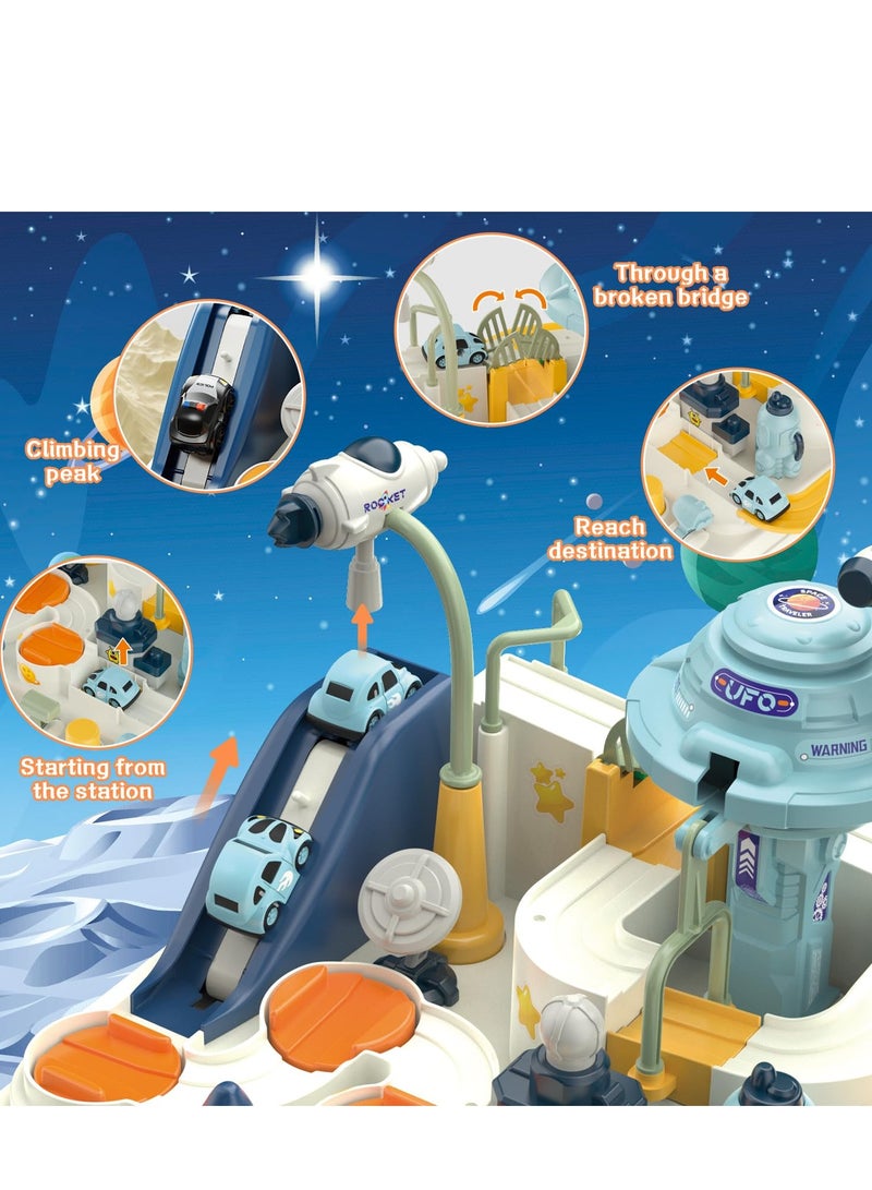 Bebiland Kids Race Track Car Adventure Toy for Toddlers, Spaceship Puzzle Rail Track City Rescue Playset with 4 Mini Cars, Preschool Educational Car Games Toys for Boys Age 3+ - Image 2