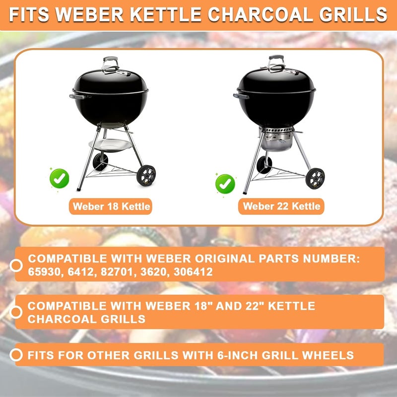 PETKAO 65930 عجلات شواء لأجزاء شواية Weber Kettle 18/22 بوصة من الفحم، عجلات 6 بوصة لاستبدال أجزاء عجلات شواية Weber 6412 451001 21001 741001 ومعظم شوايات الفحم مع 3 أغطية محاور، قطعتان، أسود - Image 3