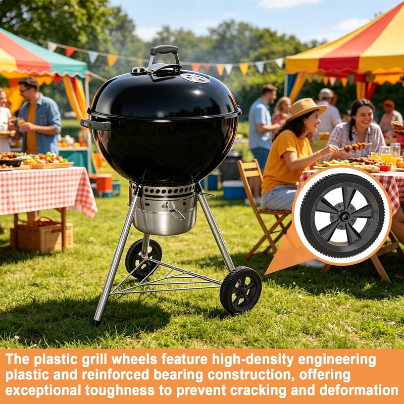 PETKAO 65930 عجلات شواء لأجزاء شواية Weber Kettle 18/22 بوصة من الفحم، عجلات 6 بوصة لاستبدال أجزاء عجلات شواية Weber 6412 451001 21001 741001 ومعظم شوايات الفحم مع 3 أغطية محاور، قطعتان، أسود - Image 2