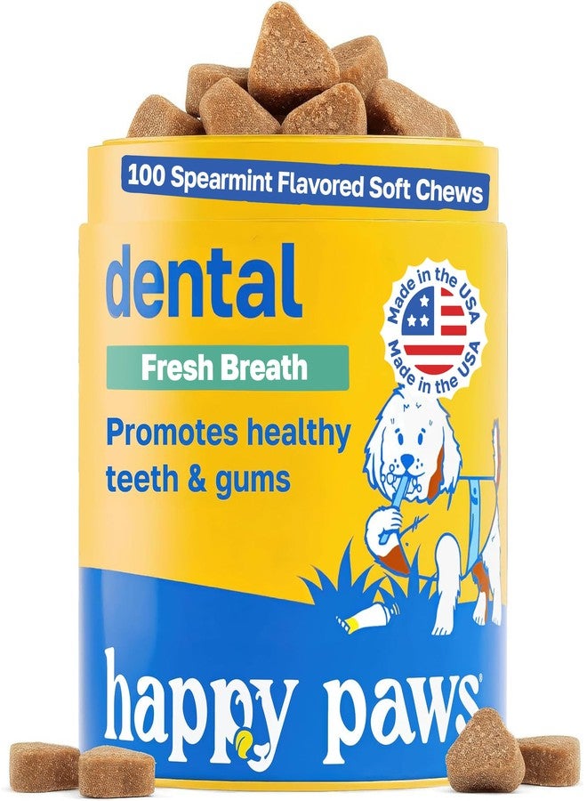 Happy Paws Dental Soft Chew, Dog Breath Freshener & Teeth Cleaning Treats, Oral Care Support for All Breeds, Sizes & Ages, Natural Spearmint Flavor, Organic & Non GMO (100 Chews) - Image 1