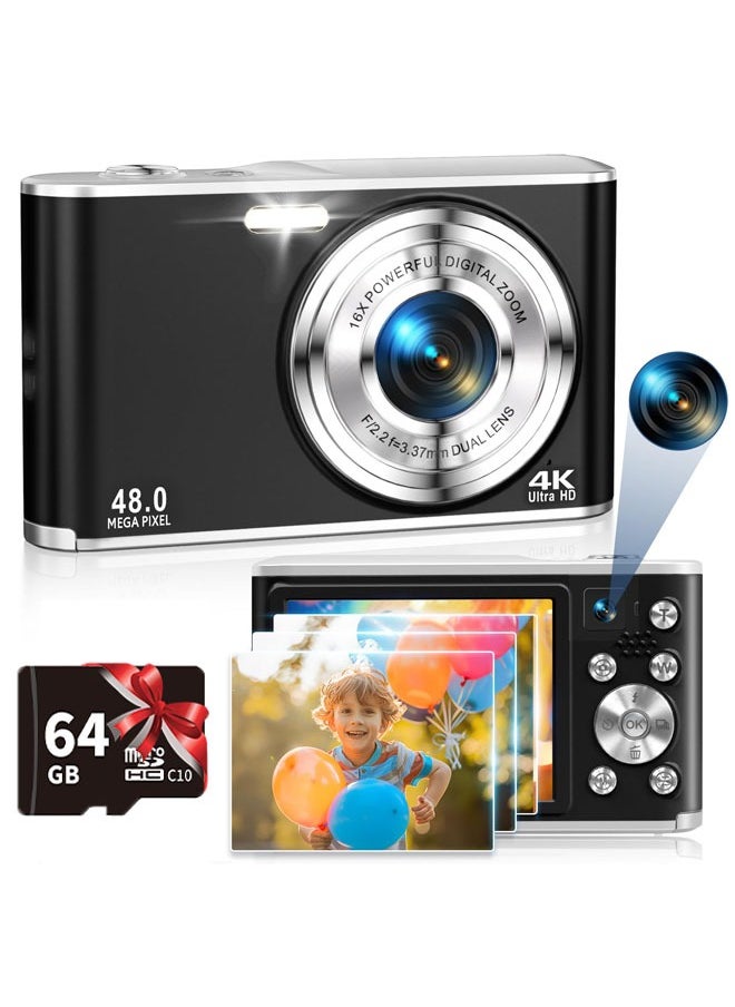 IqwiCam Digital Camera, FHD 4K Vlogging Camera with Dual Lens, 48MP 16X Digital Zoom with 64GB SD, Autofocus Digital Point and Shoot Camera with 2.8" IPS Screen, Compact Travel Video Camera for Teens Adult Beginner  - Image 1