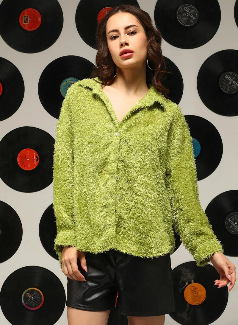 Campus Sutra Women's Grass Green Shaggy Oversized Shirt