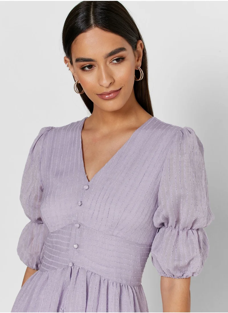 ELLA Puffed Sleeve Button Front Midi Dress